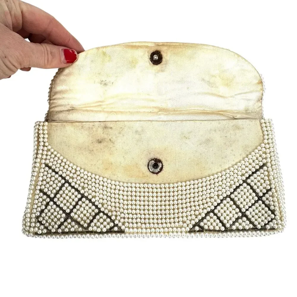Antique White Faux Pearl Beaded Fold Over Clutch Handbag Geometric Deco